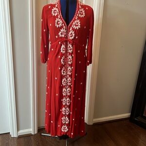 Free People Red Midi Dress with White Floral Embroidery